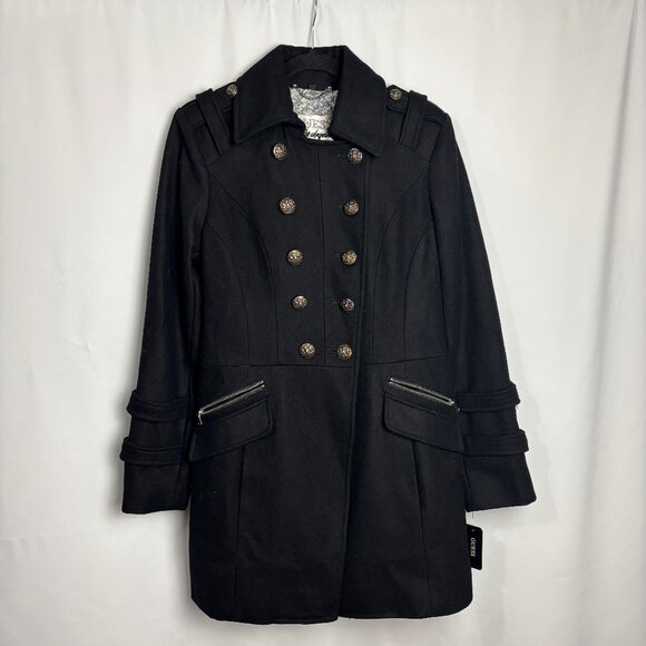 Guess M Black Wool Blend Coat Button Zip Sleeve Pocket Floral Lining Collar NWT - Picture 1 of 10